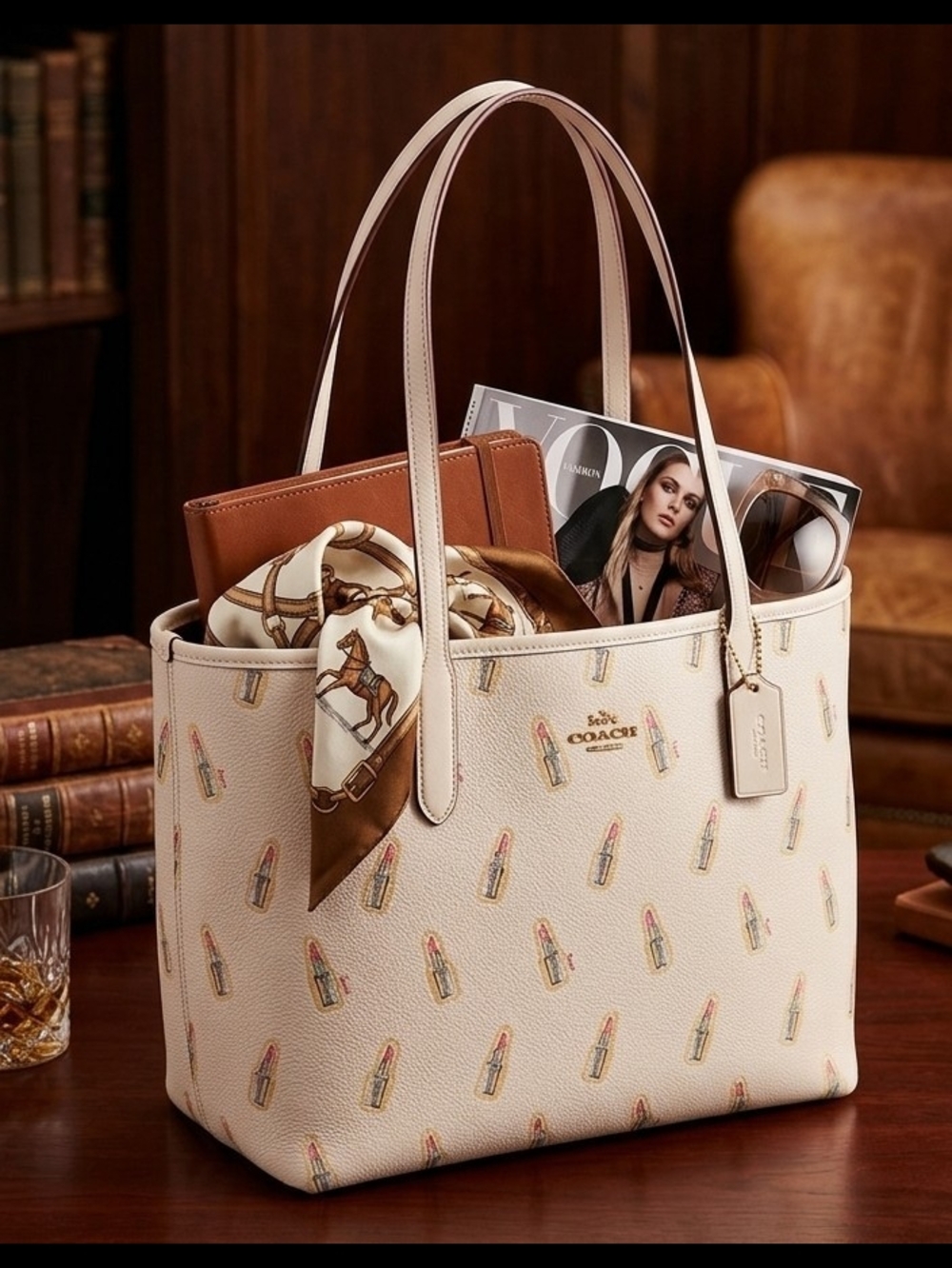 Coach Cream Tote with Lipstick Print